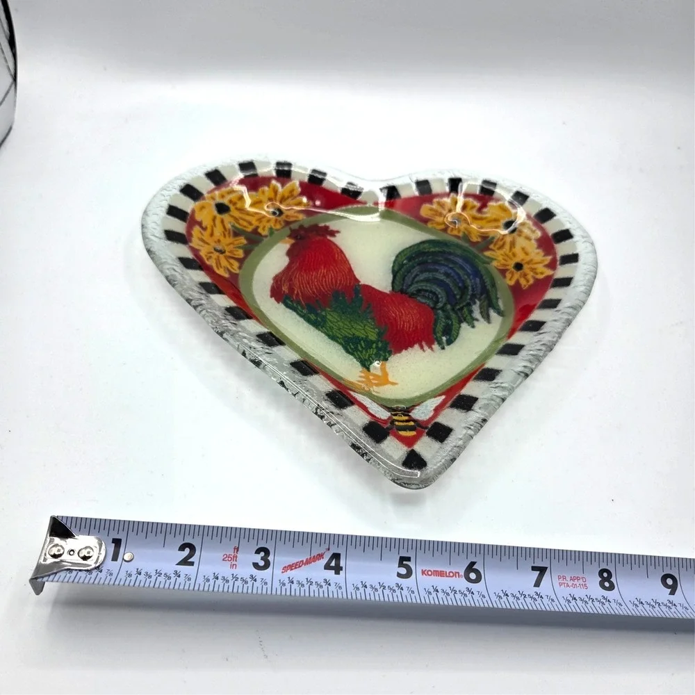 PEGGY KARR Heart Shaped‎ Fused Art Glass ROOSTER DISH  With Checkerboard  10